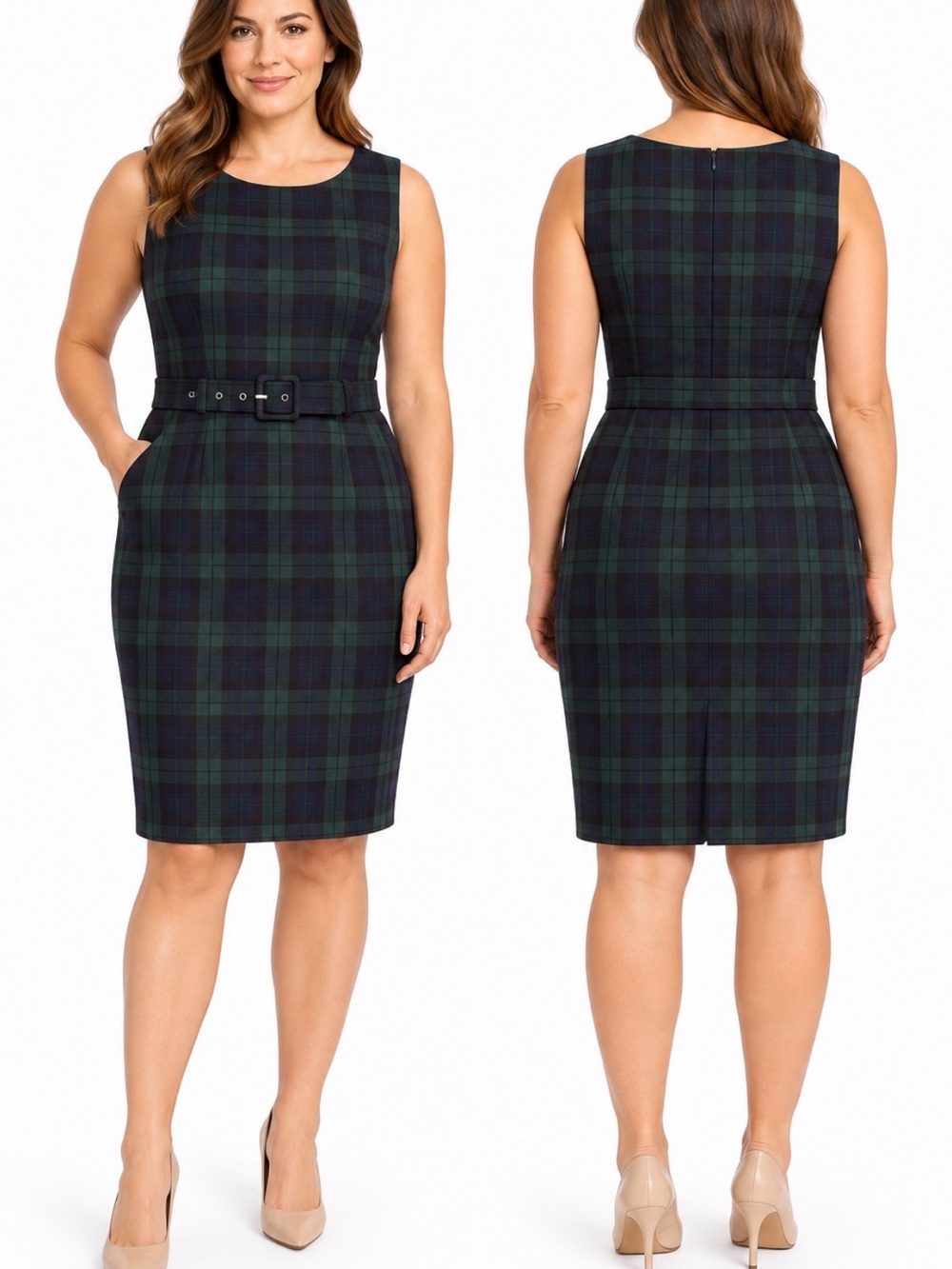 J.Crew Size 12 Green Navy Plaid Wool Blend Belted Sheath Dress